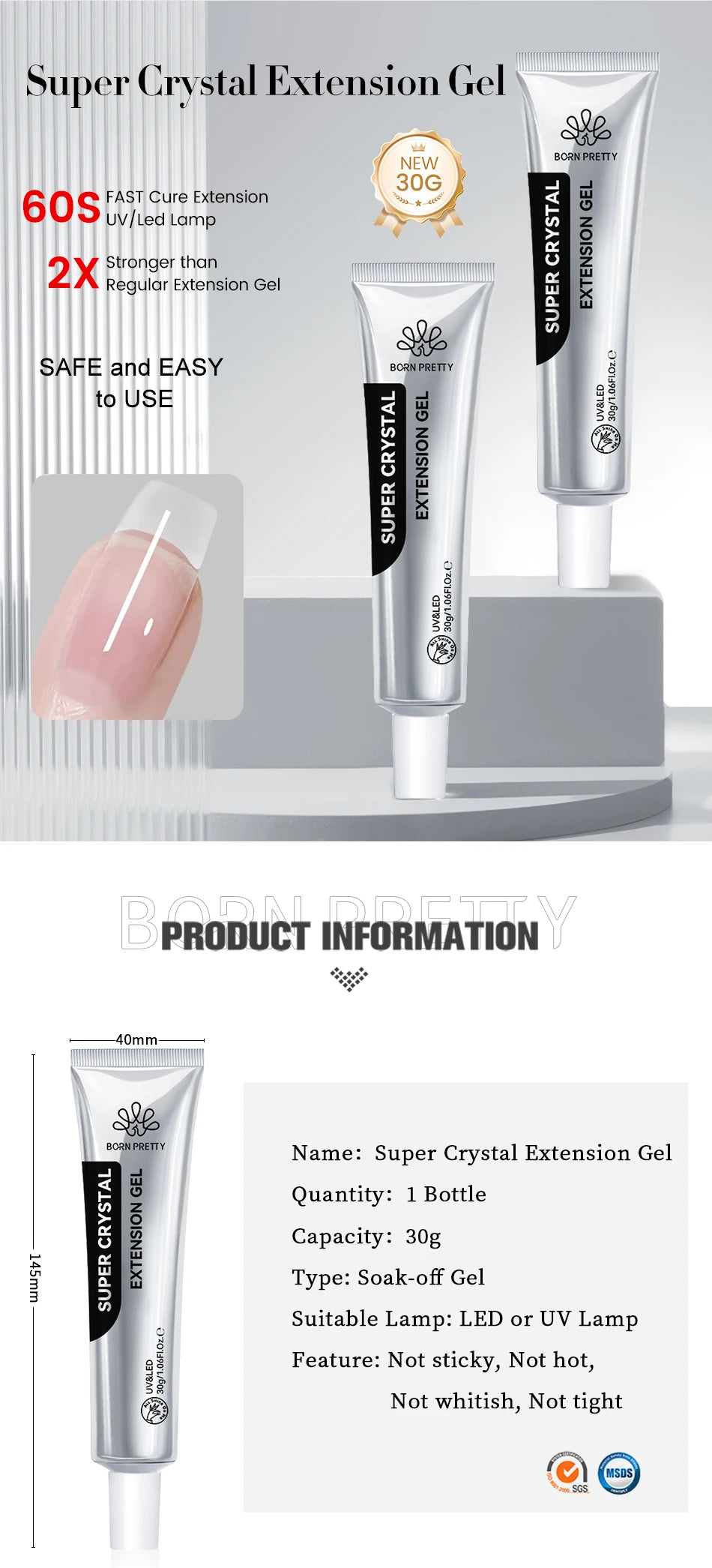 BORN PRETTY 30g Super Crystal Extension Gel Nail Polish Hard Gel for Nail Strengthen 3D Modeling Building Nail Apex DIY Manicure