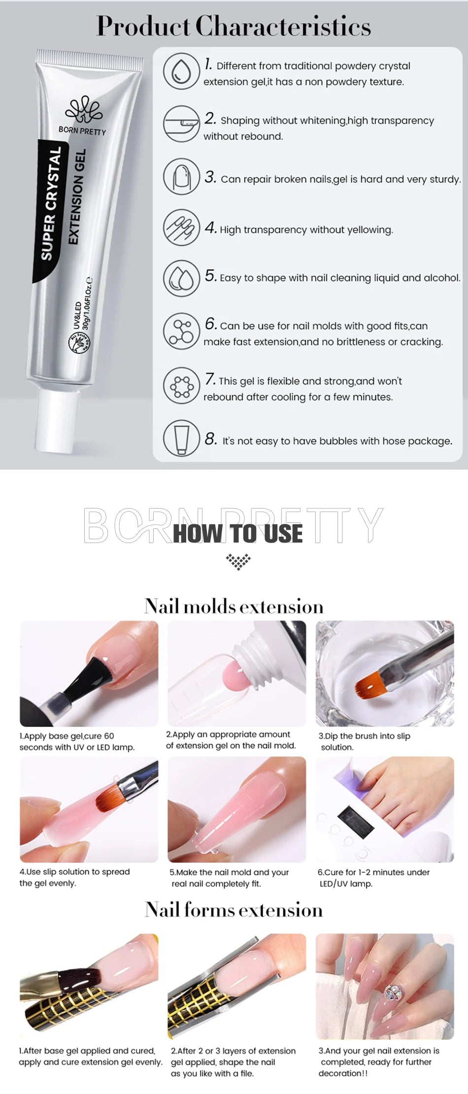 BORN PRETTY 30g Super Crystal Extension Gel Nail Polish Hard Gel for Nail Strengthen 3D Modeling Building Nail Apex DIY Manicure